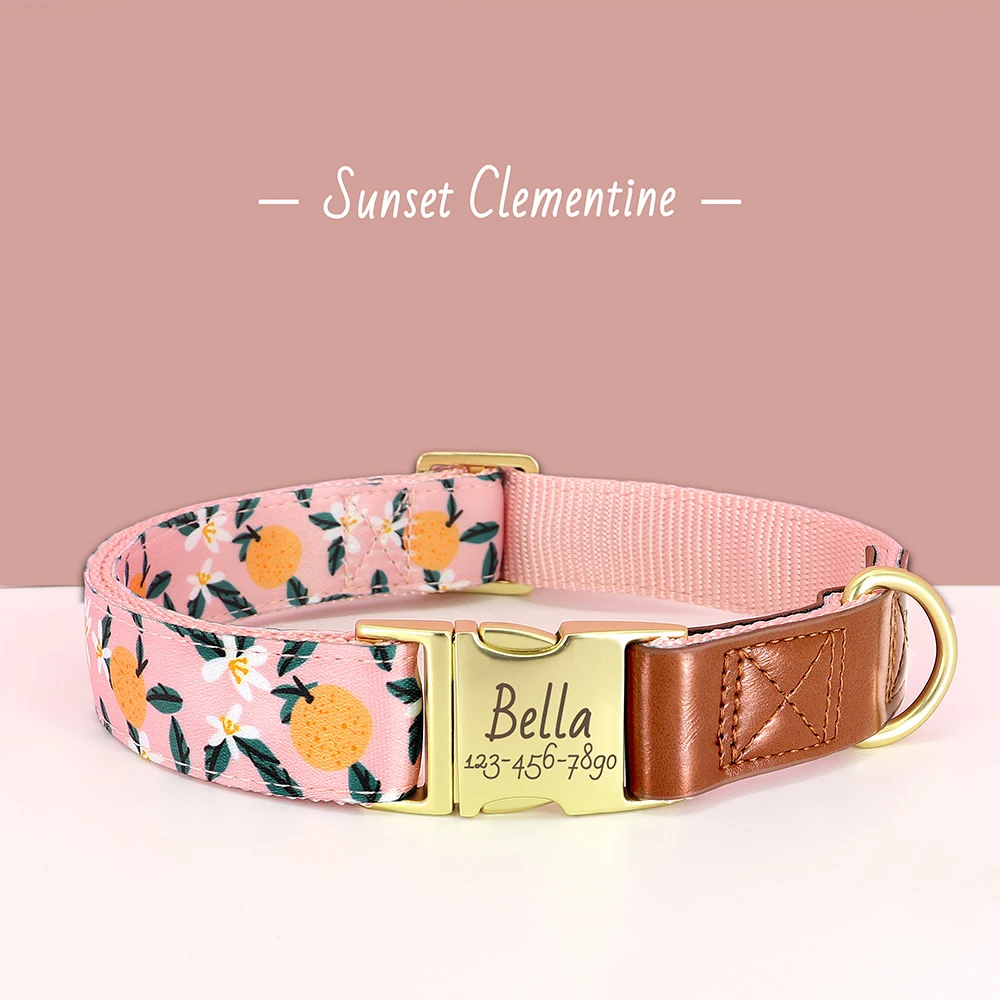 Custom Dog Collar Printed Nylon Dog Collars Soft Pet Necklace With Floral for Small Medium Large Dogs 3 font engraving options