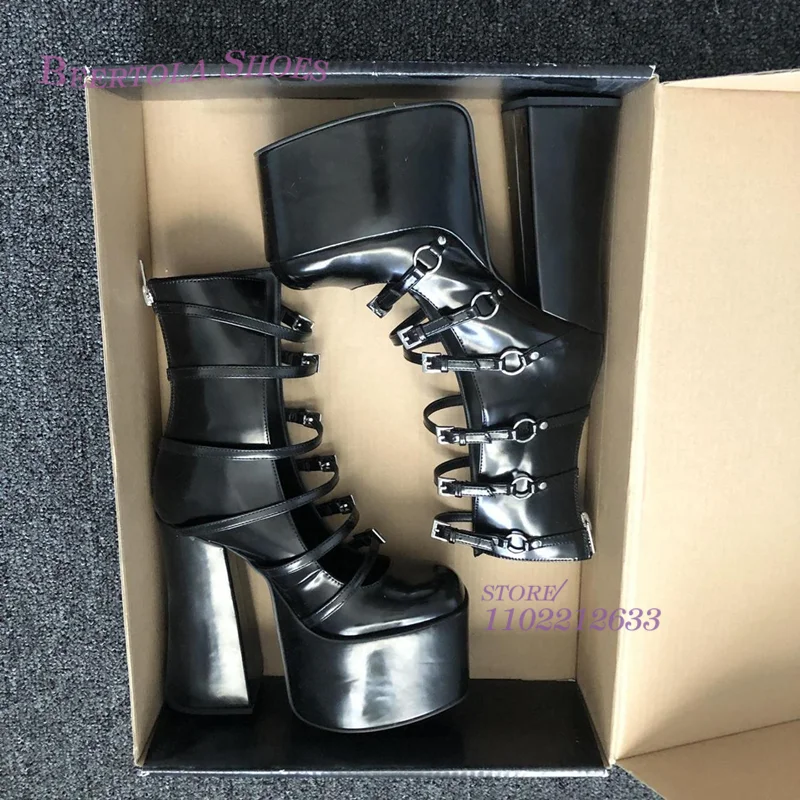 Black Striped Cutout Platform Sandals Boots Girl Buckle Bling Zipper Leather Ankle Chunky Heel Booties Elegant Dress Spring Shoe