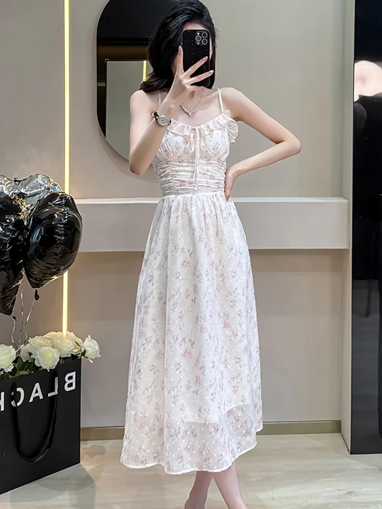 Letnia sukienka na ramiączkach z żakardu w kwiaty z szyfonu, elegancka, z falbankami + koronkowe koszulki, dwuczęściowe zestawy damskie, nowe koreańskie eleganckie komplety sukienek, lato 2025