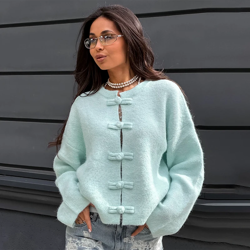 Tornova Retro-Schnallen-Strickjacke mit Langen Ärmeln für Damen, O-Ausschnitt, Lässiger Mehrfarbiger Strickmantel, Locker Geschnittener Damen-Herbstmantel