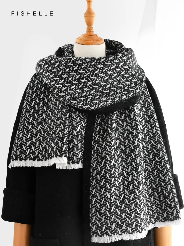 

Black and white plaid 100% wool scarf winter women scarves warm shawl warps soft long classical neckerchief lady