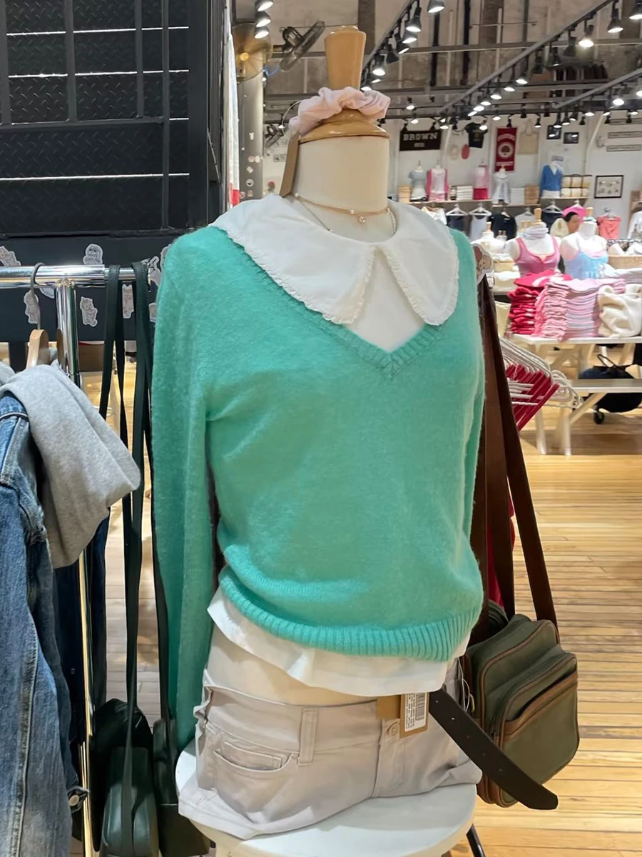 Mint Green Thin Sweater Woman V-neck Long Sleeve Cotton Slim Crop Tops Autumn Solid Simple Sweet All-match Pullover New Y2k Top