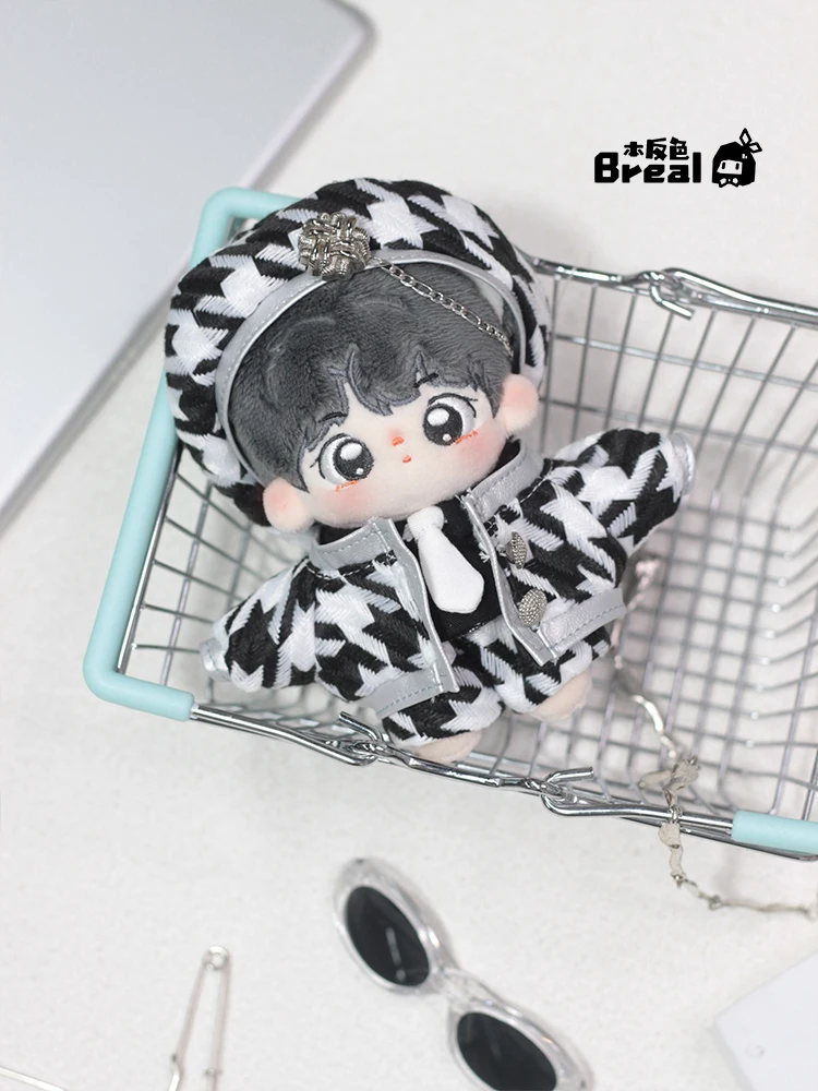 Black White Grey Boy Girl Thousand Bird Grid British Style Uniform Suit For 10cm Plush Cotton Body Dress Up Clothes Outfits