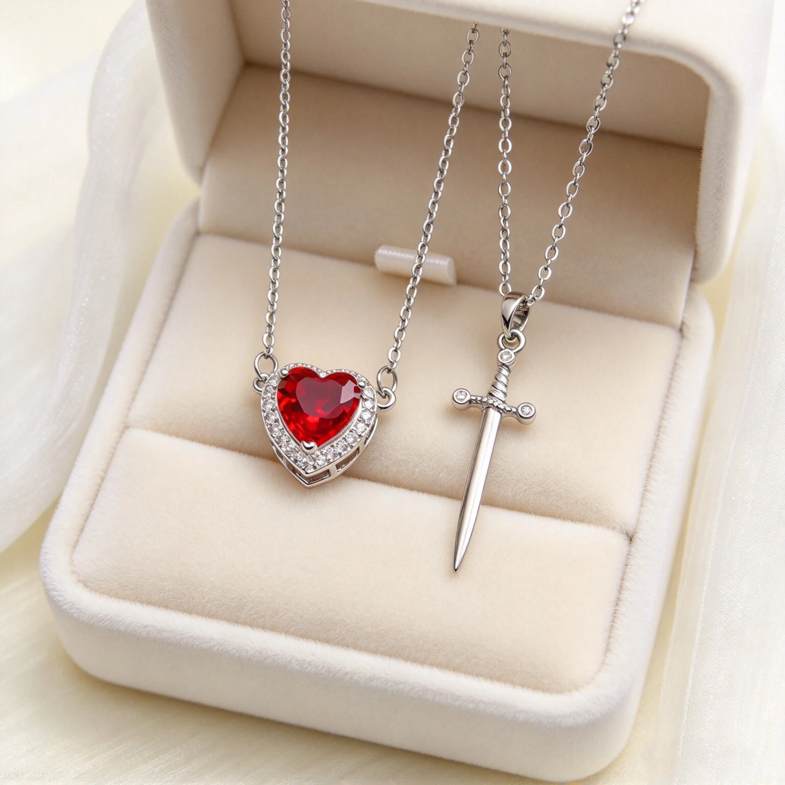 2pcs Can Be Assembled Heart and Sword Zircon Pendant Necklace for Women Men Couple Silver Gold Plated Choker Chain Jewelry Gifts