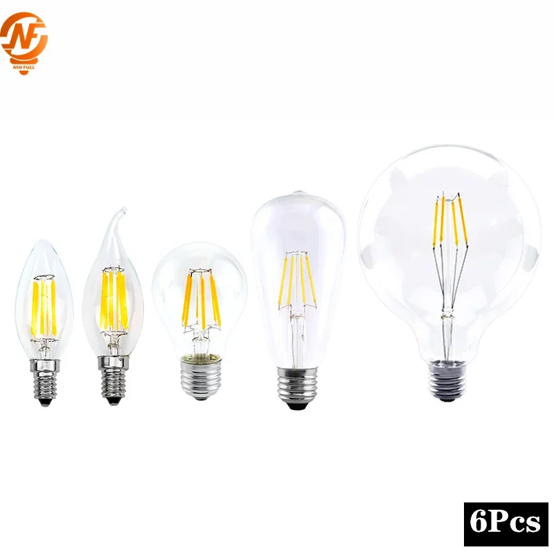 

6pcs/lot LED Edison Bulb 220V 2W 4W 6W 8W Led Bulb E14 C35 C35L Filament Light E27 G45 A60 G80 G95 Retro Vintage Glass Bulb Lamp