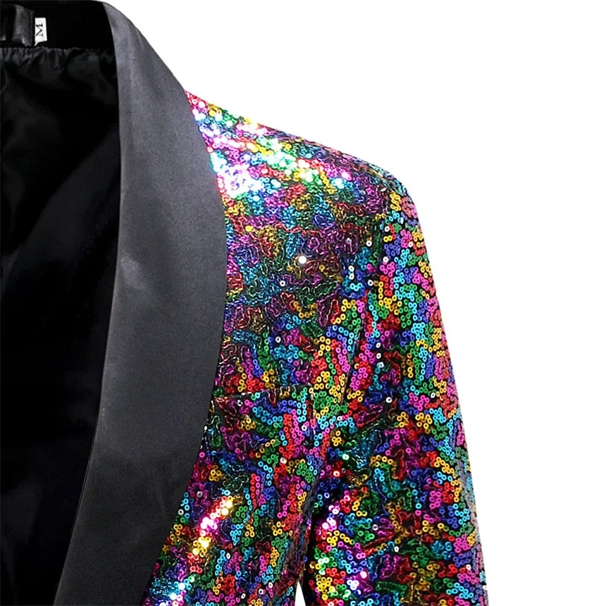 Men\'s Colorful Glitter Sequins Decoration Black Collar Blazer, Wedding Party Dress Coats, Blue Male Suit Jacket S M L XL XXL