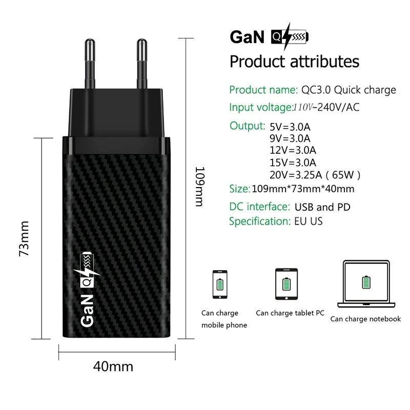 USLION 65W GaN Charger QC 3.0 PD 3.0 Quick Charge Fast Charging For iPhone 13 14 Pro Xiaomi Type C PD USB Mobile Phone Charger