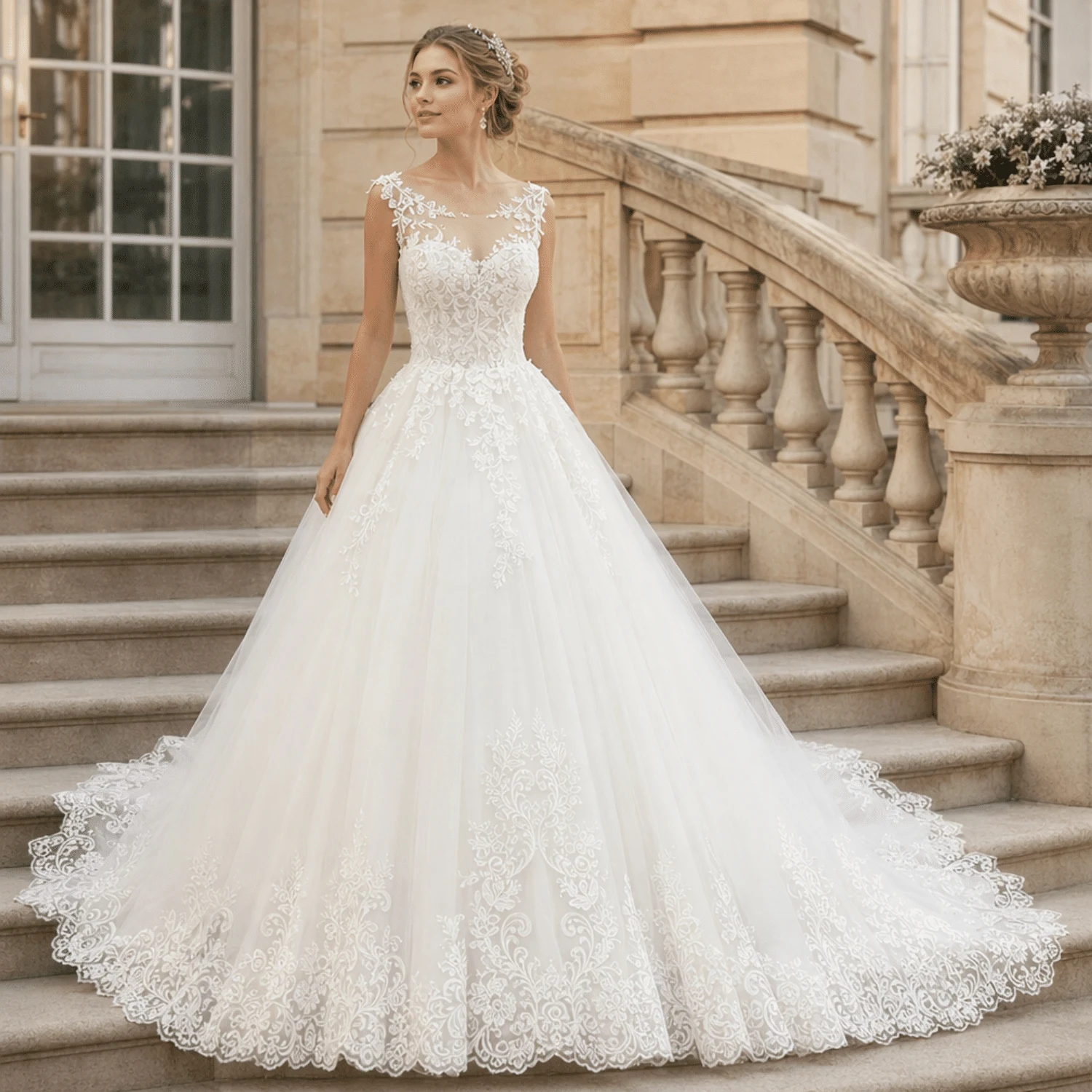 Wedding Dress Illusion Lace Neckline Ball Gown Tulle Skirt Lace Hem Chapel Train