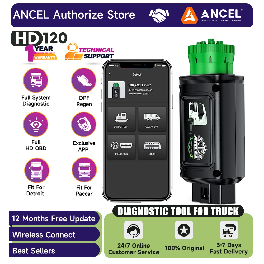 

ANCEL HD120 Heavy Duty Truck Scanner Bluetooth Full System Diagnostic Tool with D.P.F Function for Volvo International