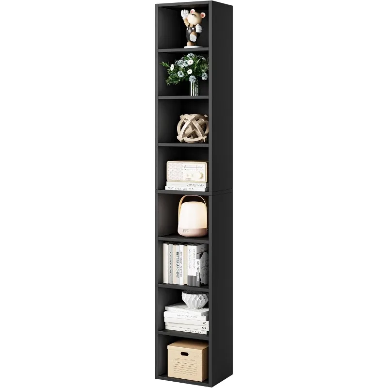 Tall Narrow Bookcase, 8-Tier Slim CD DVD Media Tower Rack, Corner Bookshelf with Adjustable Shelves, Cube Skinny