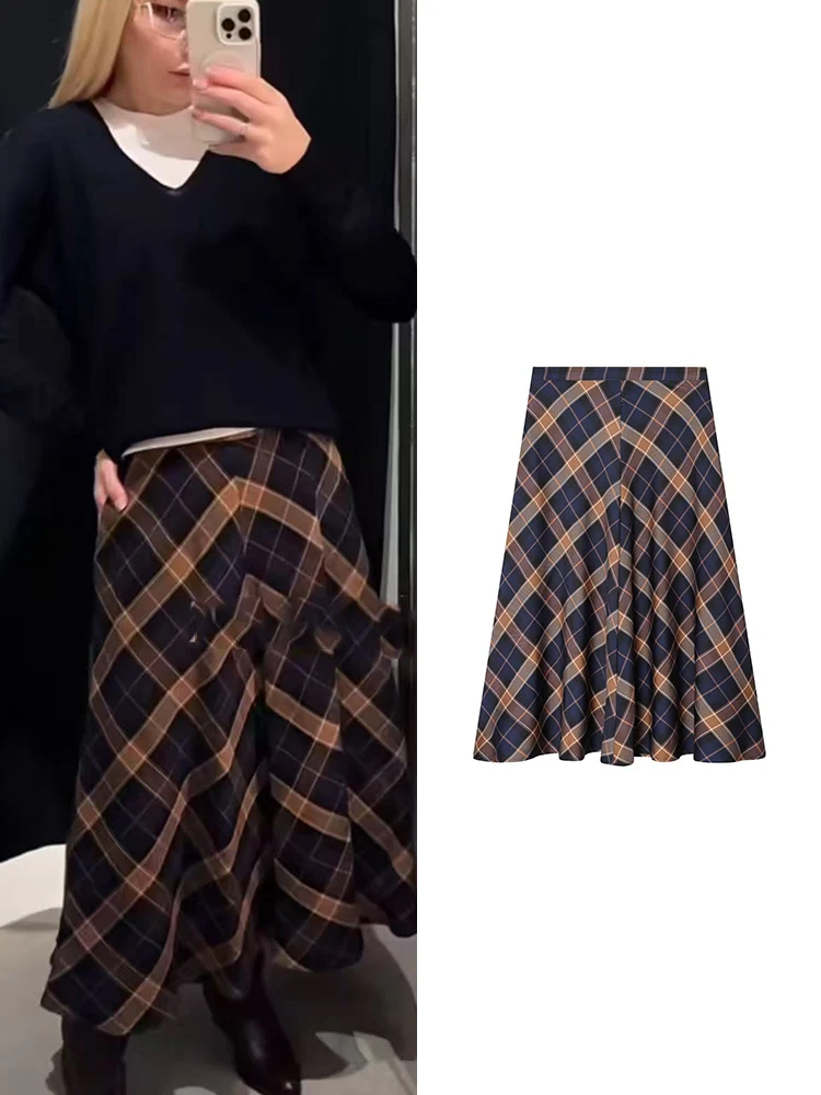 TFMLN Winter New Fashion Women Plaid Printed Midi Skirt Retro High Waist Chic A Line Long Skirt With Pockets Casual Streetwear