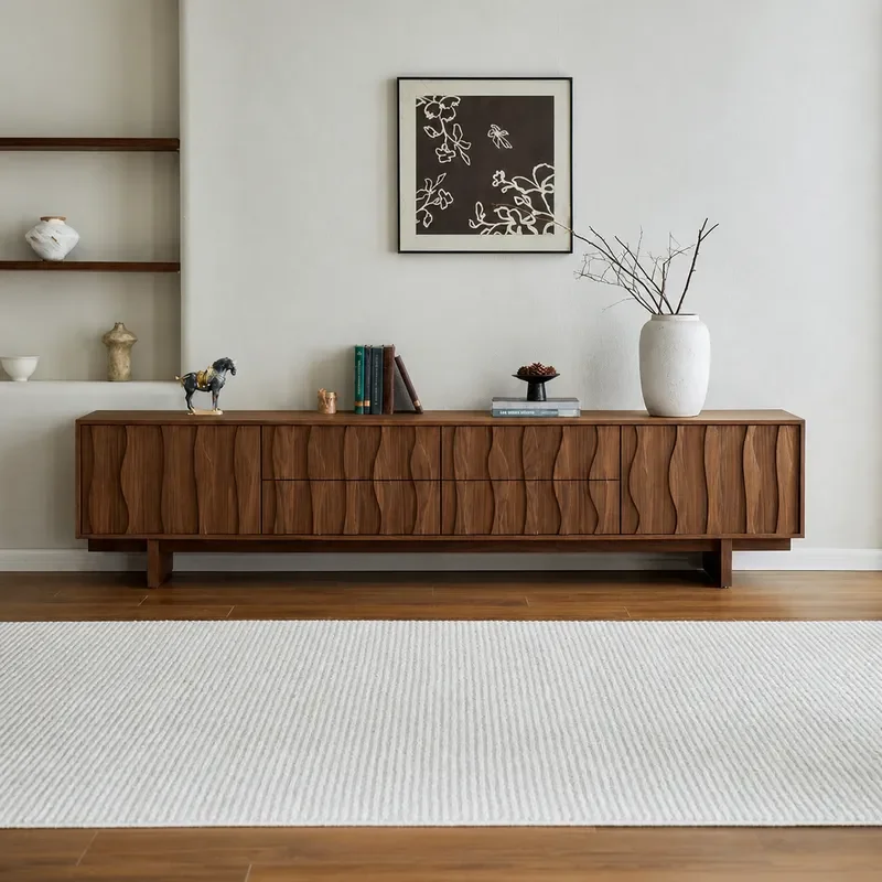 Retro Solid Wood TV Cabinet Floor to Ceiling Walnut Color Wabi Sabi Style Living Room Media Console with Integrated Storage
