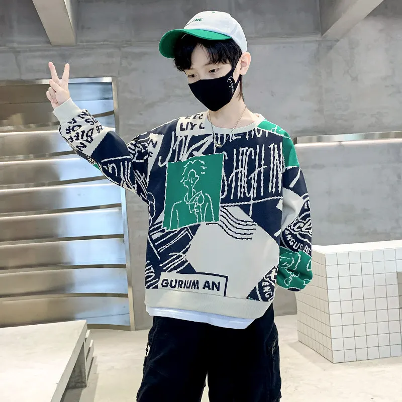 New Letter Print Boy Sweatshirts Children Long Sleeves Tee Top Kids Cool T-Shirt Teen Green Clothes 5 6 7 8 9 10 11 12 13 14Yrs