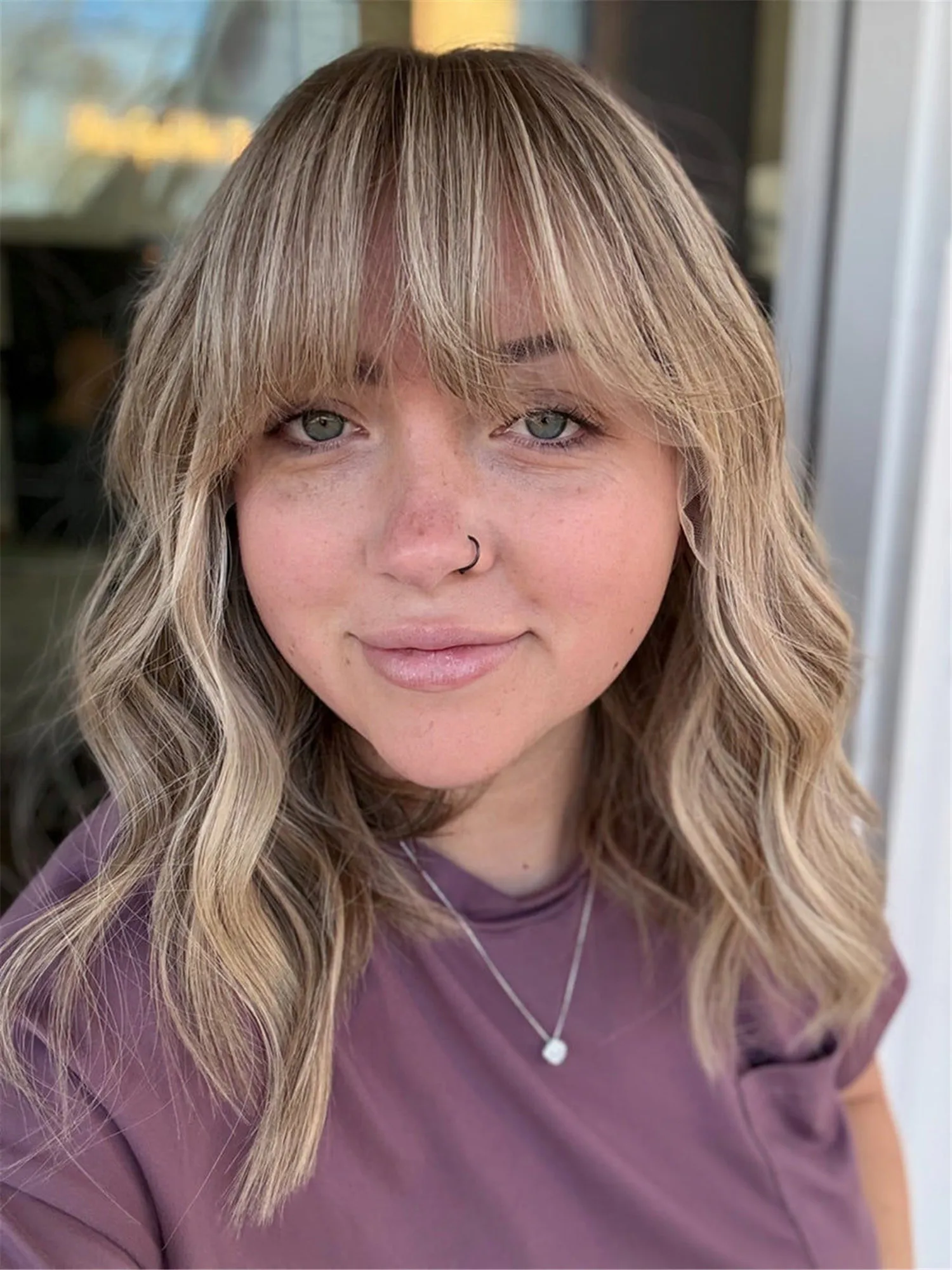 Ombre Caramel Brown Blonde Balayage Wig With Curtain Bangs Shoulder Length Loose Wave Glueless Wigs Synthetic Hair 16 Inches