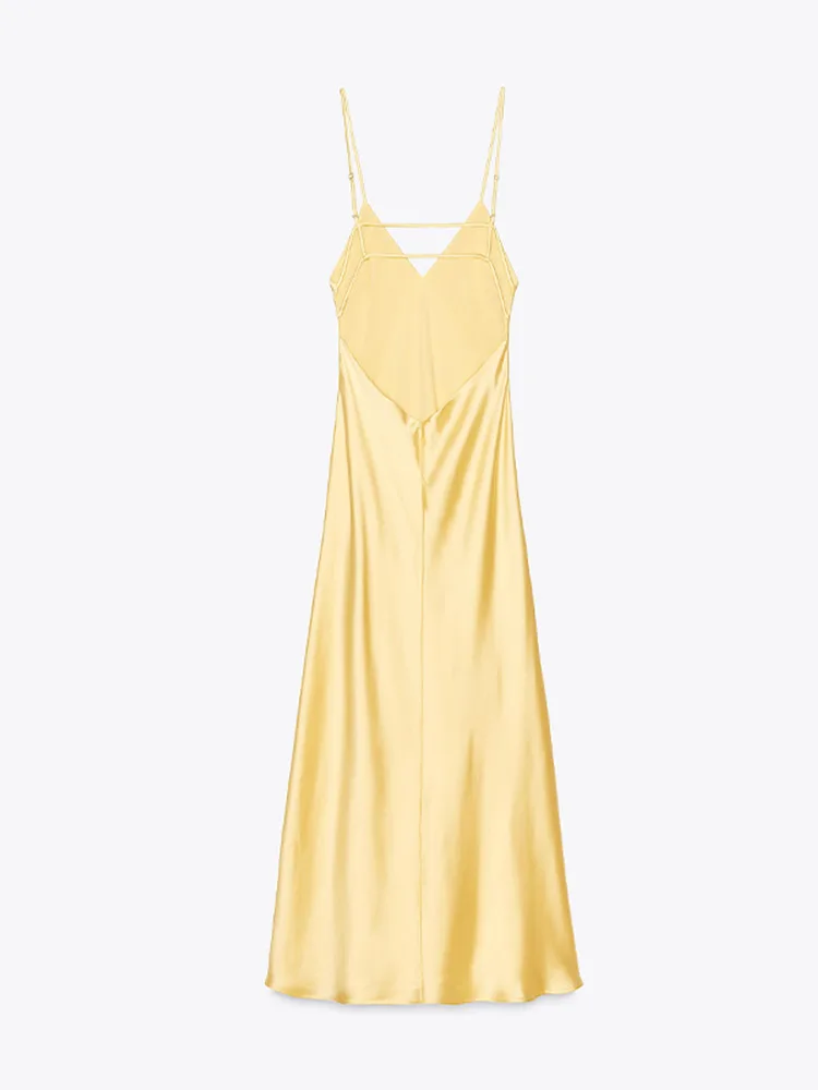 مثير الساتان الأصفر الخامس الرقبة المرأة فستان بكتافة شيك بلا أكمام عارية الذراعين سليم هيم فساتين متوسطة الطول الصيف الإناث عطلة رداء 2025