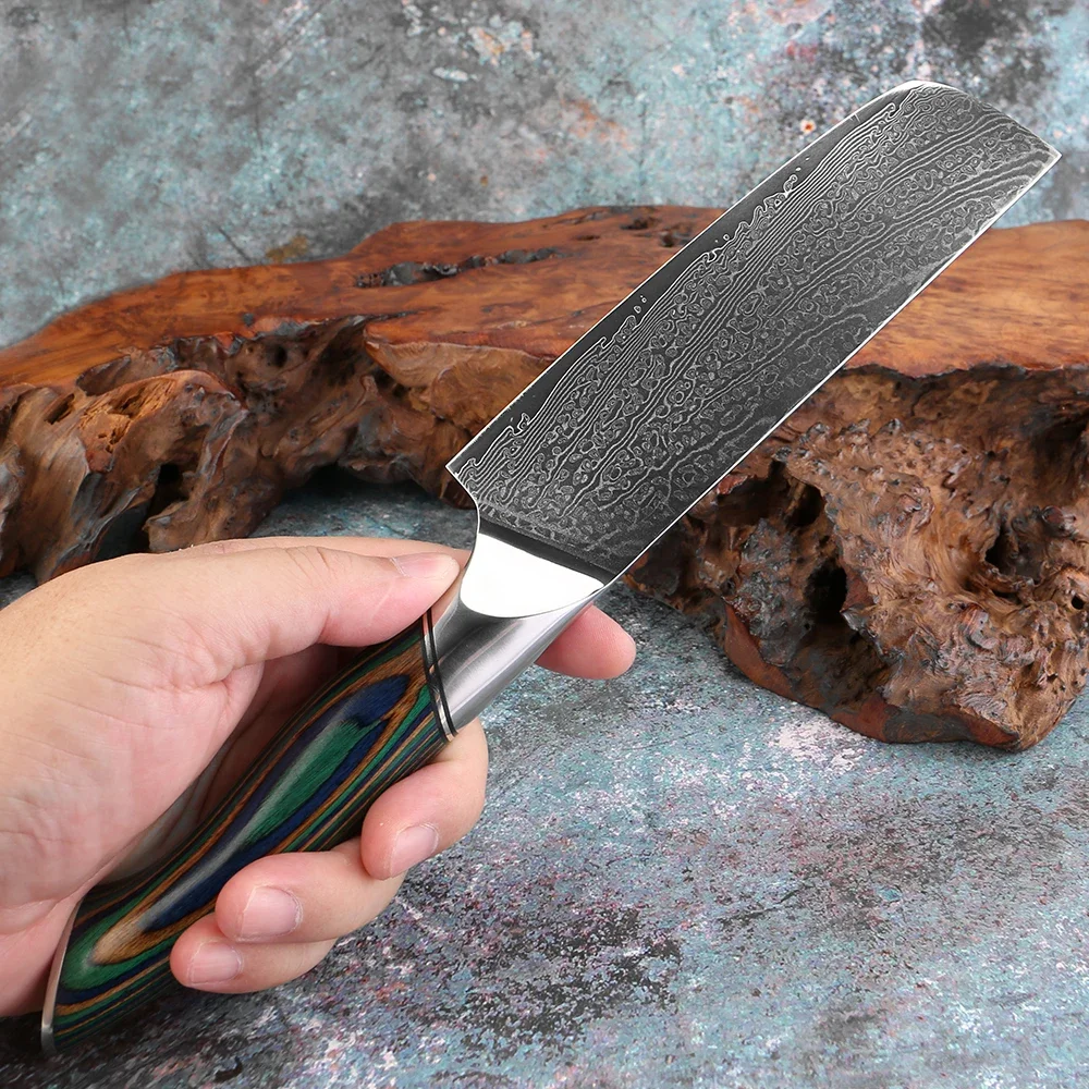 

7 Inch Nakiri Knife Japanese Chef Knife, Sharp Damascus Steel Kitchen Cutting Knife for Vegetable, Green Colored Wooden Handle