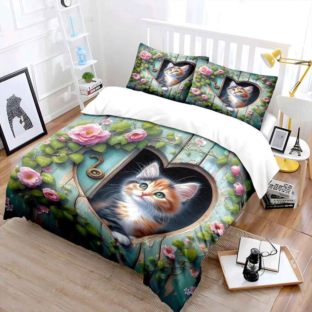 Kitten in Heart-Shaped Doorway Print Soft Comfortable Duvet Cover Bedding Set Included 1*Duvet Cover  2*Pillowcases for gifts