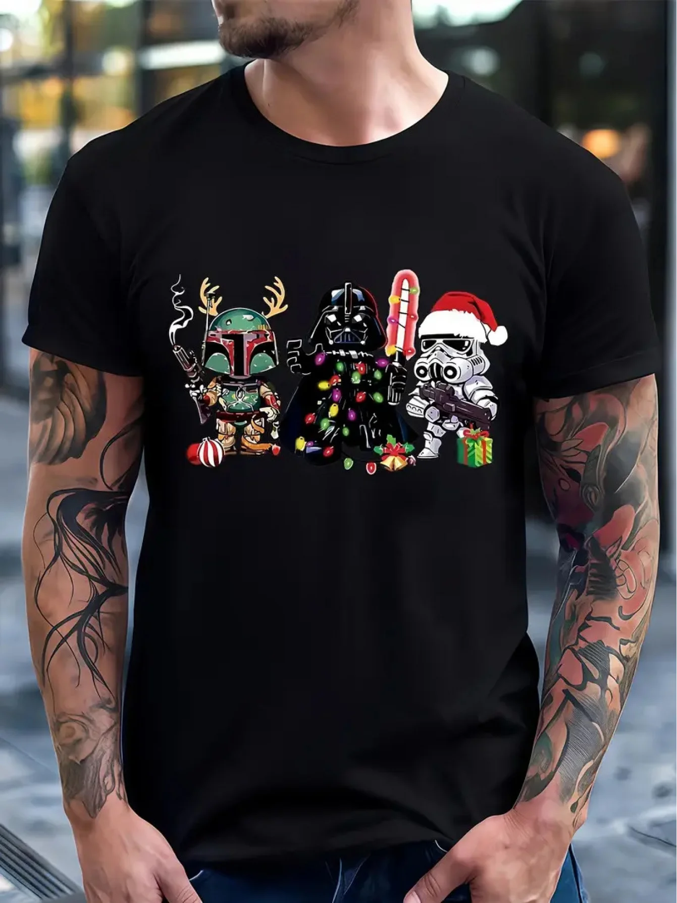 طباعة أمامية لعطلة عيد الميلاد السعيدة، تي شيرت رجالي بأكمام قصيرة #2