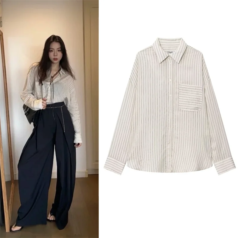 

Women's Shirt New Fall 2025 White Striped Long Sleeve Lapel Loose Shirt Casual Fashion Personality Versatile