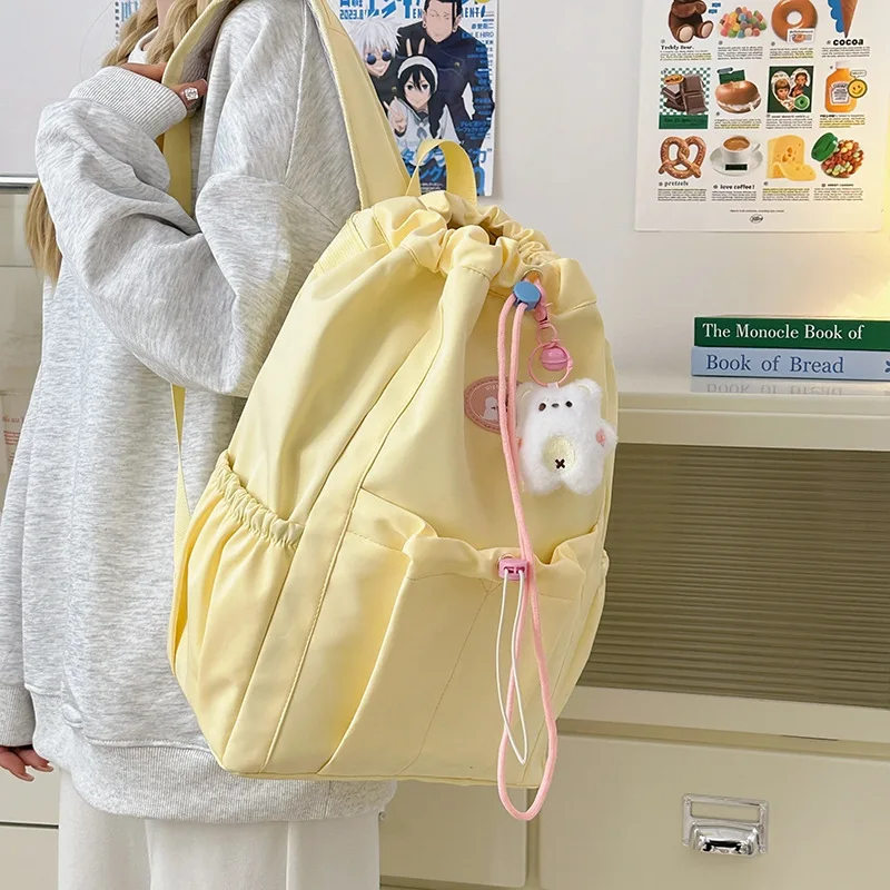 Sweet Girls Solid Drawstring Backpack Large Capacity Multi Pocket Bag Light Wear Resistant Daypack For Travel Daily Commute