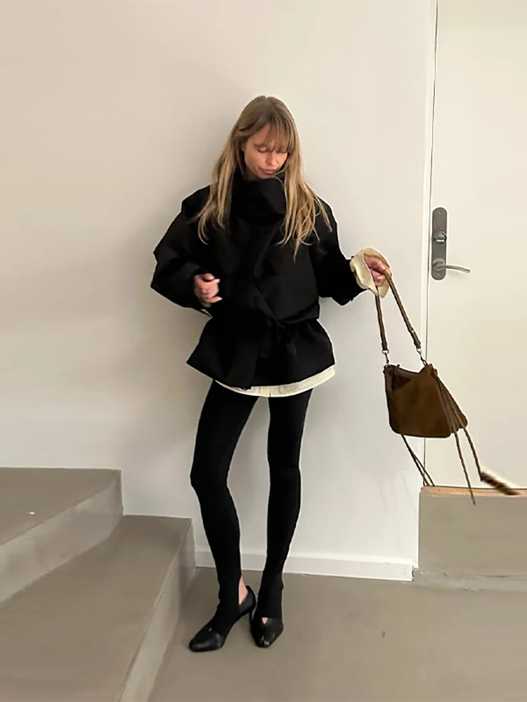 Black Stand Collar Elastic Waist Women's Jackets Zippers Elastic Waist Long Sleeve Coat 2026 Spring Autumn Streetwear Outwear
