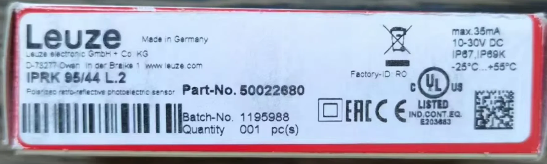 50022680   Nuevo sensor IPRK 95/44 L.2, envío rápido