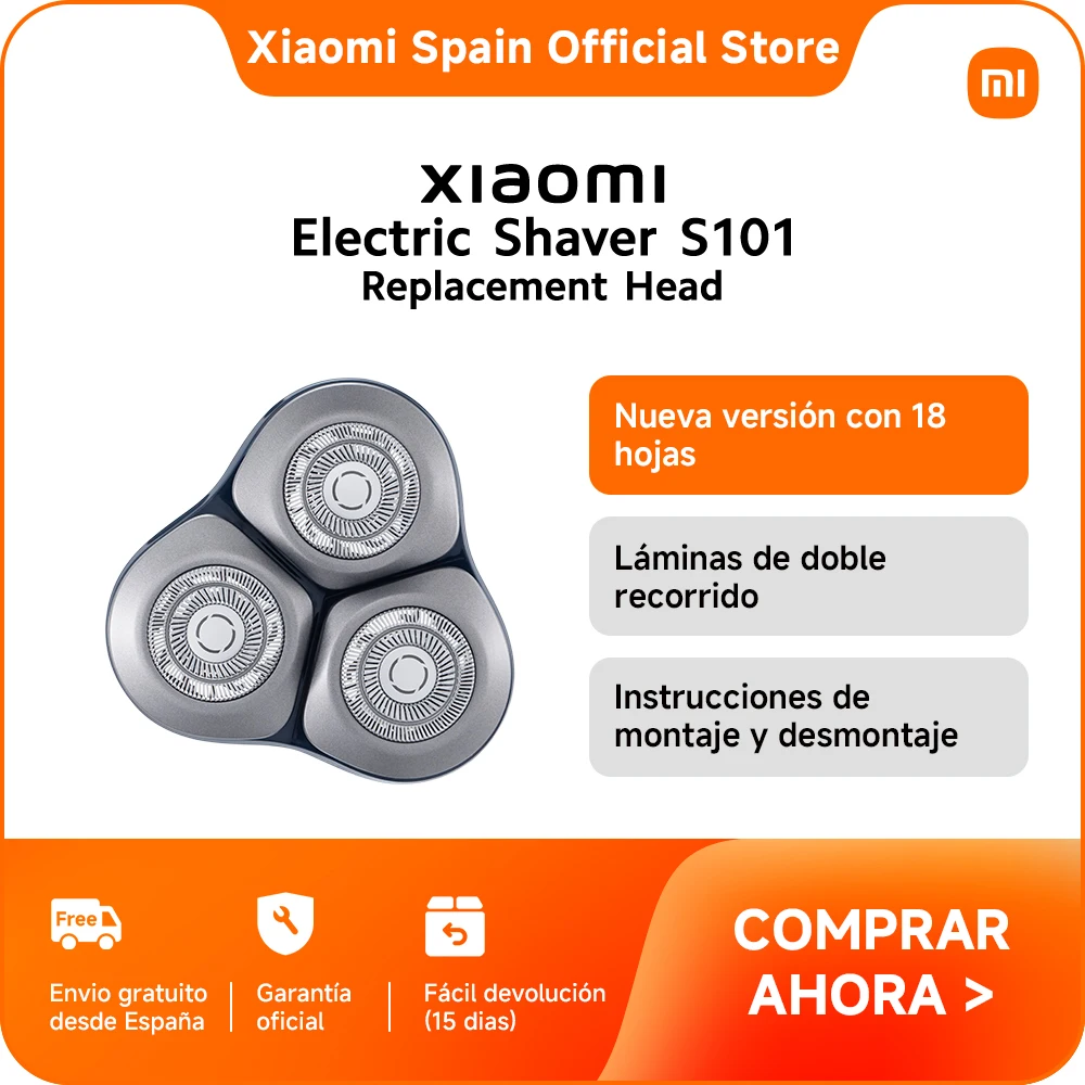 Official |Xiaomi Electric Shaver S101 Replacement Head,Nueva versión con 18 hojas,Láminas de doble recorrido,3 cabezales de afeitado flotantes independientes