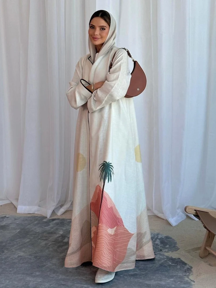 

Muslim Gown Abaya Cardigan Coat Casual Wear Middle East Fashion Türkiye Printed Linen Fashion Dress 2025 New Style Elegant Skirt