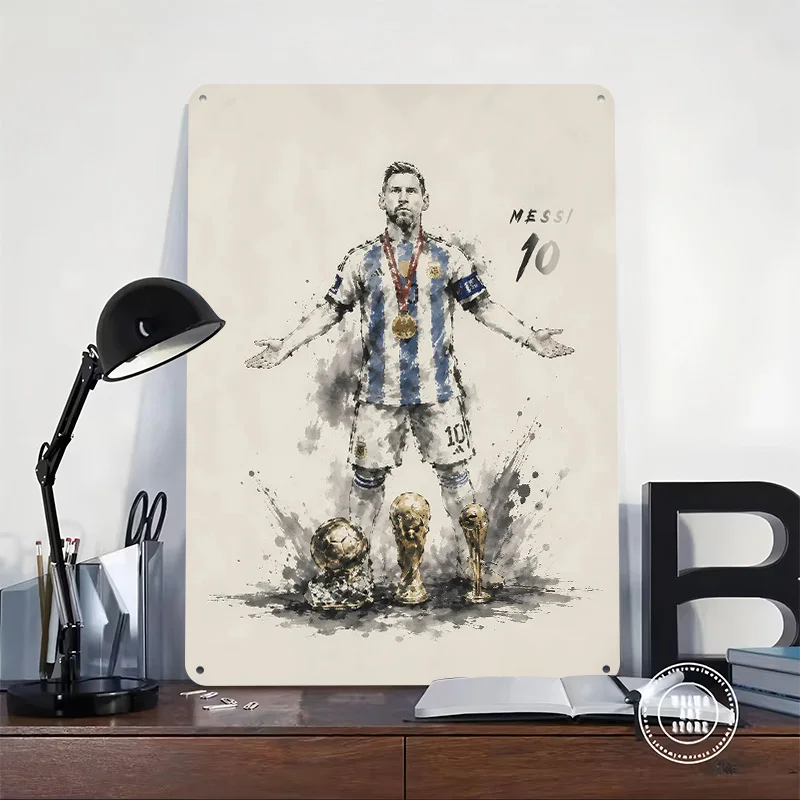 Lionel Messi With Trophies 3D Printed Texture Poster Personalized Wall Art Retro Metal Tin Signs for Living Room Decoration Man