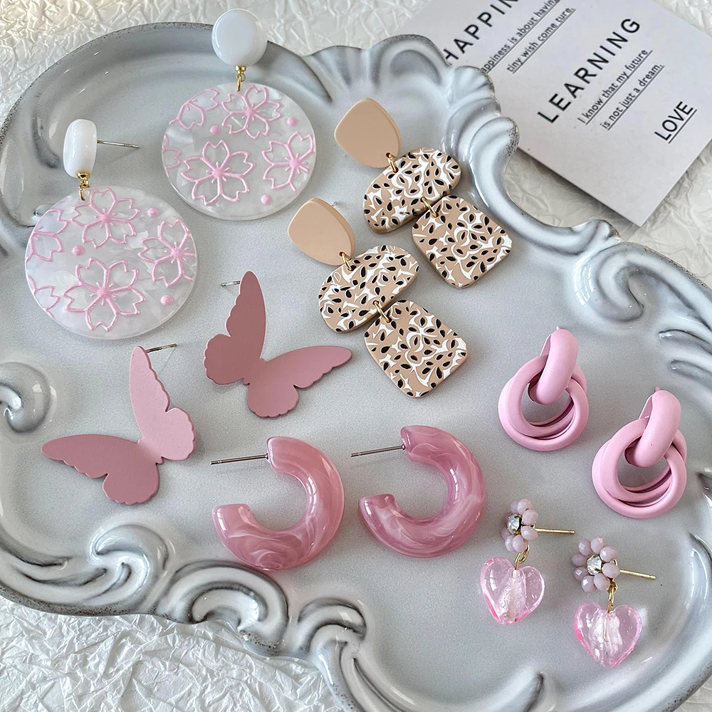 Lifefontier Sweet Pink Acrylic Flower Pattern Drop Earrings For Women Geometric Resin Butterfly Wedding Dangle Earring Jewelry