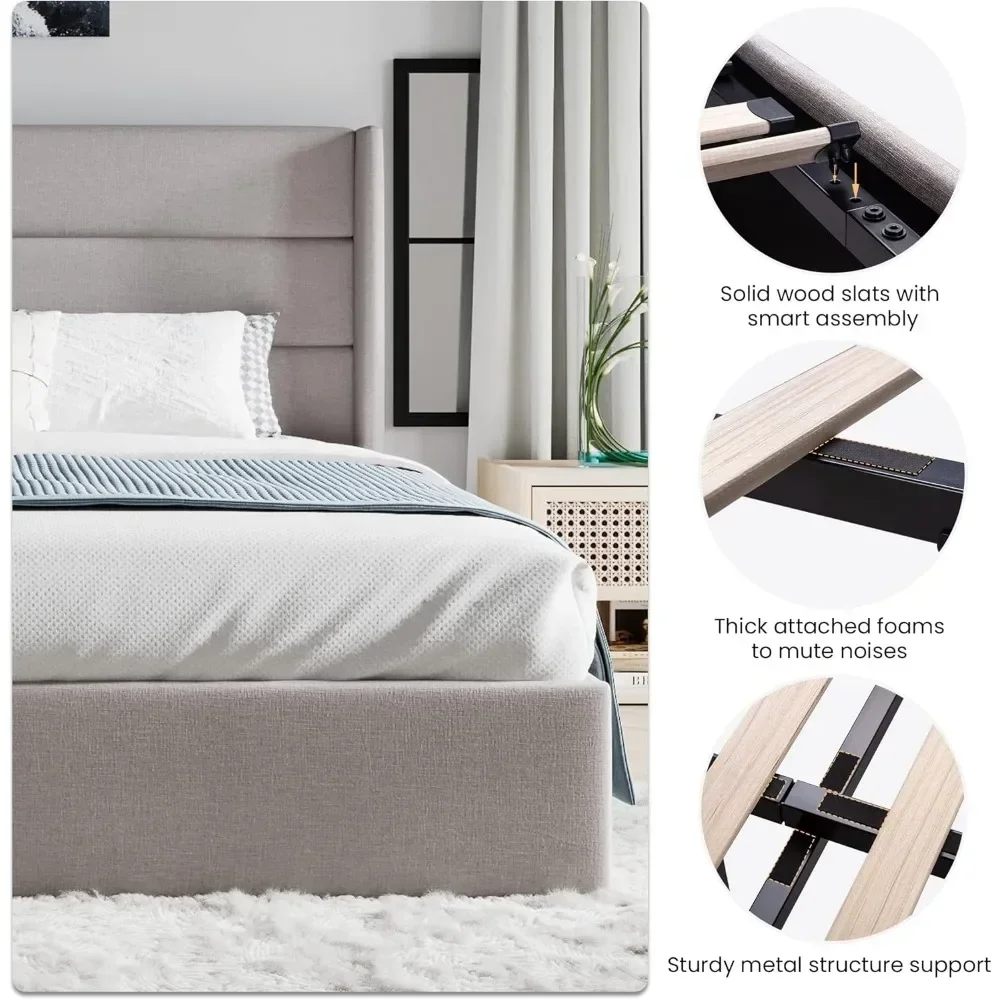 Modern Wingback Headboard/Upholstered Platform Bed Frame Hydraulic Storage ，No Box Spring Neede ，Wood Slats Support