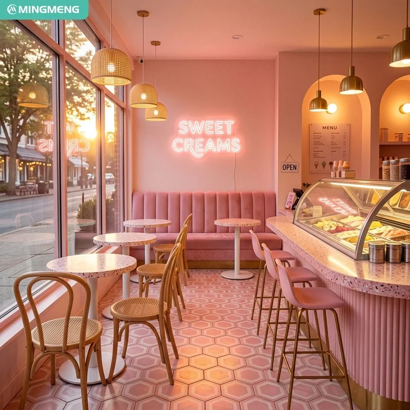 Modern Sweet Dessert Cafe Furniture Terrazzo Top Round Table Dining Chair Pink Booth Bench for Ice Cream Shop