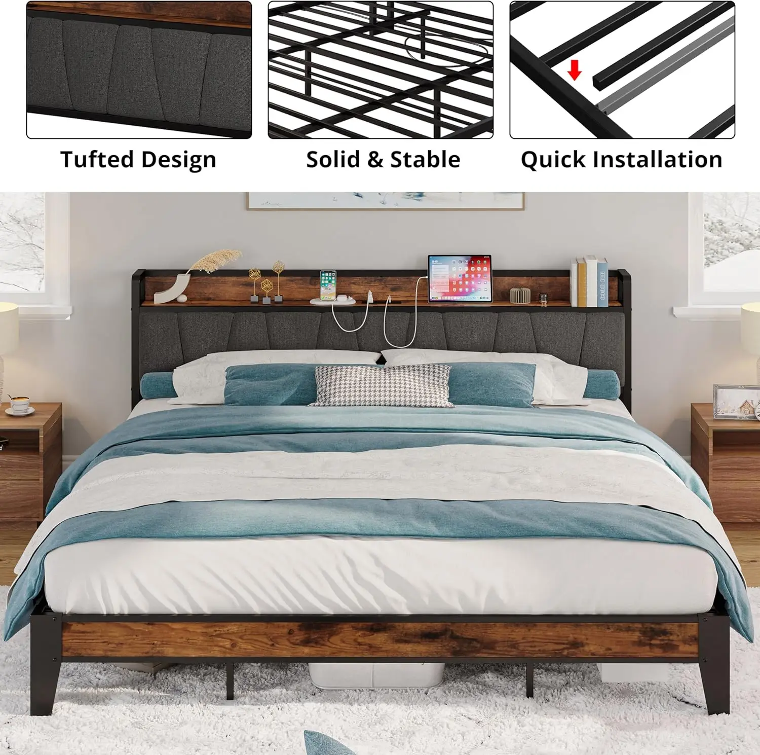 إطارات سرير LIKIMIO Twin/Twin XL/Full/Queen/King/California King، لوح رأسي للتخزين مع محطة شحن، لا حاجة إلى صندوق زنبركي #5