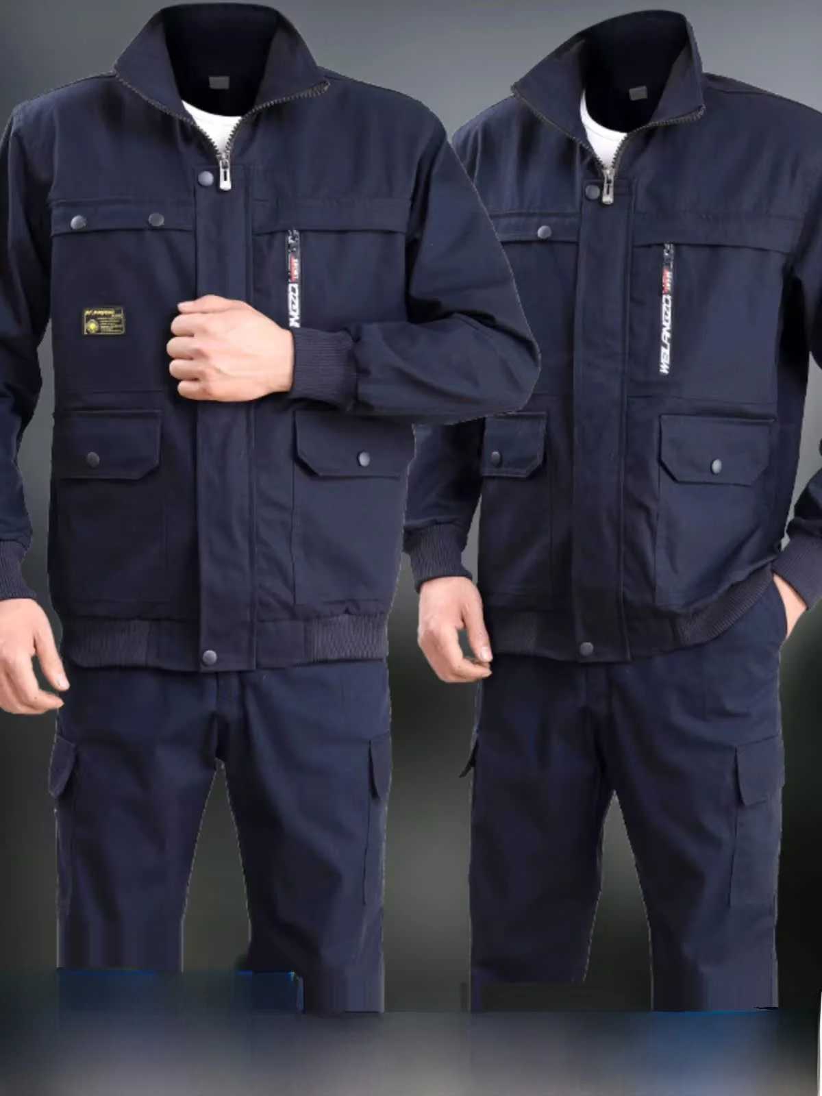 Wiosenny bawełniany zestaw odzieży roboczej dla spawaczy, męski, wytrzymały strój roboczy, granatowy kombinezon ochronny dla pracowników magazynowych.