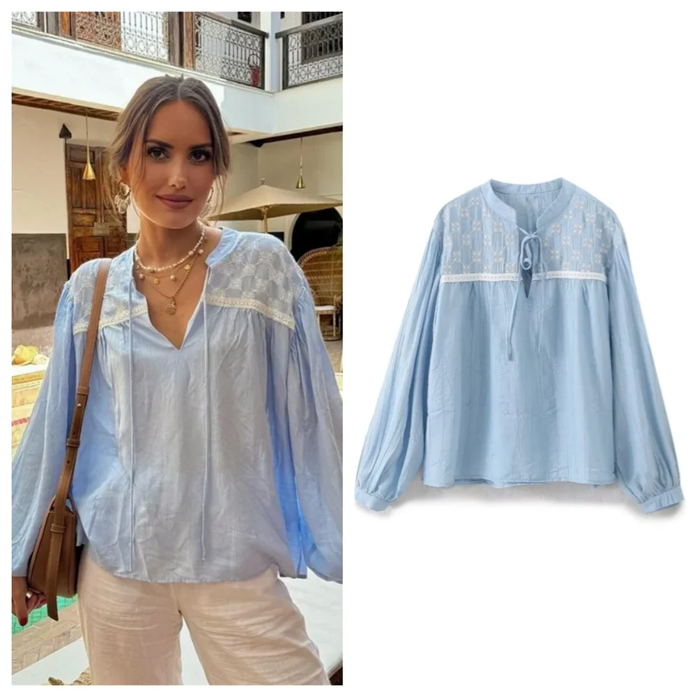 PB&ZA 2024 Spring New Women\'s Fashion temperament casual loose and versatile embroidered lace up shirt