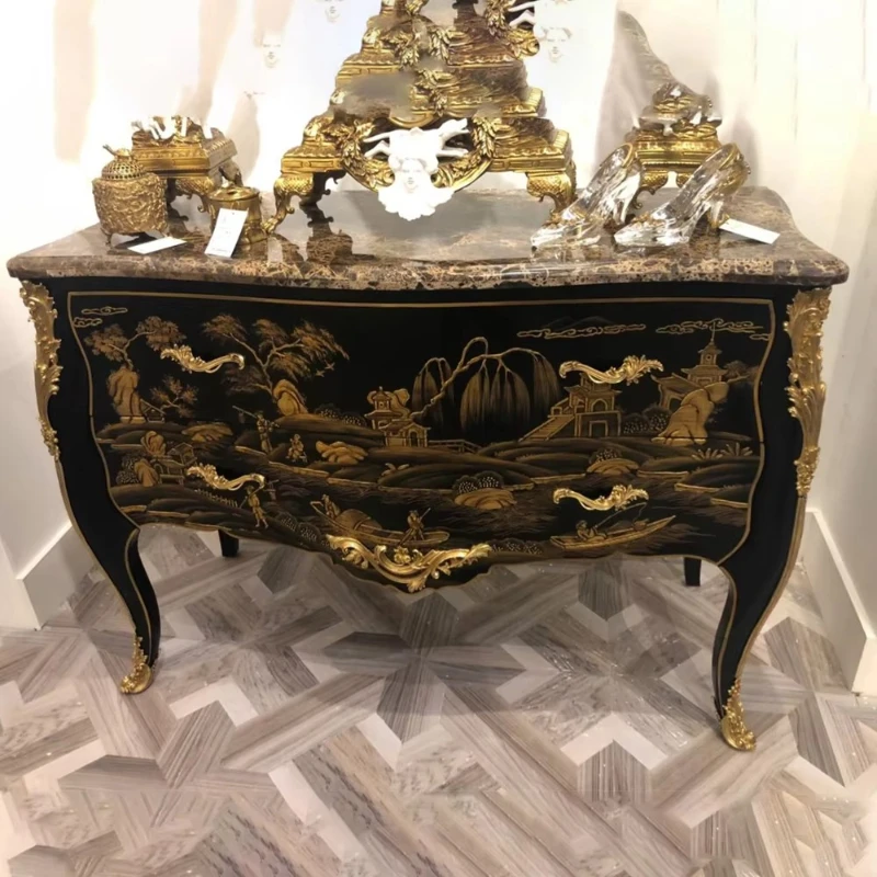 Black Lacquer Hand Painted Wooden Furniture 1280 * 530 * 920 Brass Marble Top Two Drawer Belly Cabinet