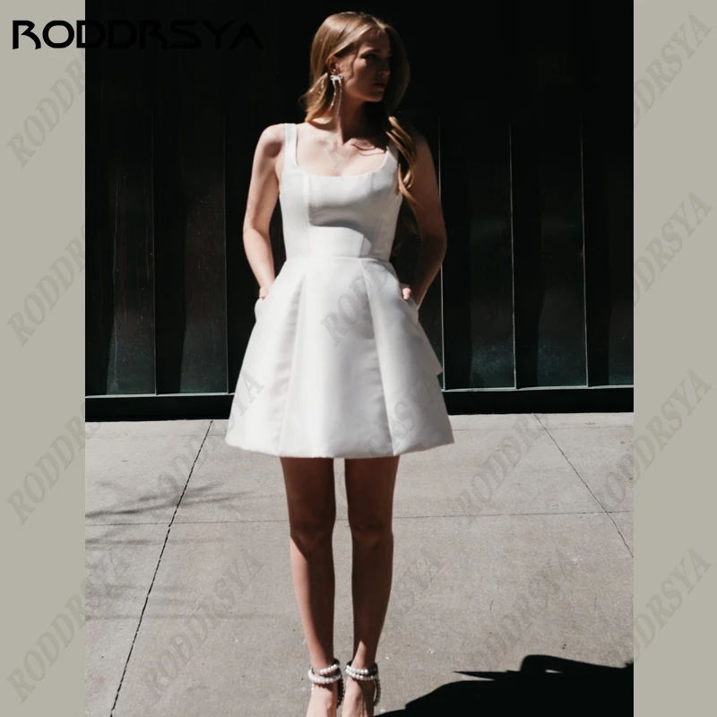 

RODDRSYA Short Mini Satin Wedding Dress Square Collar Removable Bow Robe De Mariee Spaghetti Straps Backless A-line Bride Party