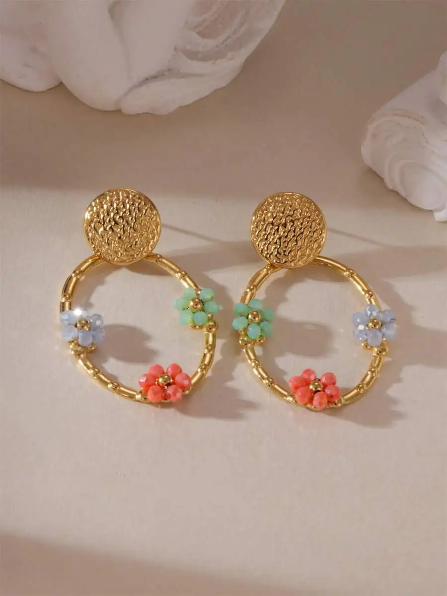 

Crystal Flower Round Dangle Earrings For Women Stainless Steel