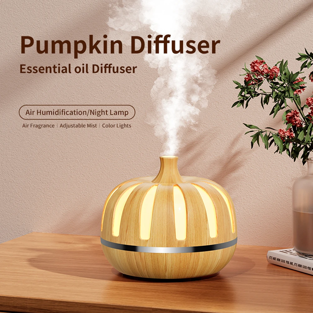 

300ML Creative Pumpkin Humidifier with 7Color LED Night Light Quiet Bedroom USB Wood Grain Aromatherapy Machine Air Purification