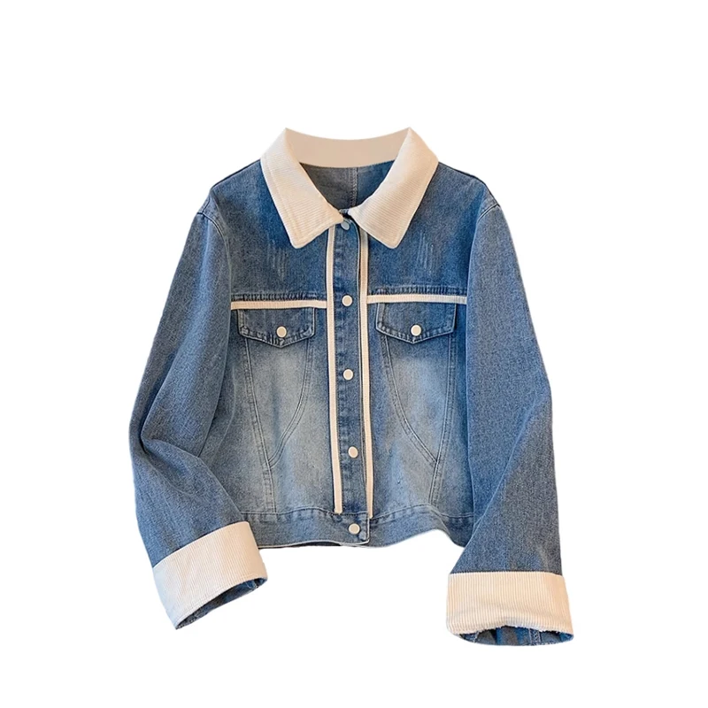 

Fashion Washed Blue Women Denim Jacket Spring Autumn Turn Down Collar Single-breasted Casual Short Jacket Female Outerwear