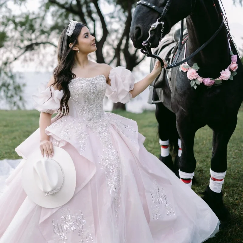 

Light Pink Quinceanera Dress off-shoulder Sequins Crystal Decal Long tail Layering vestidos de 15 Quinceanera ﻿Customize
