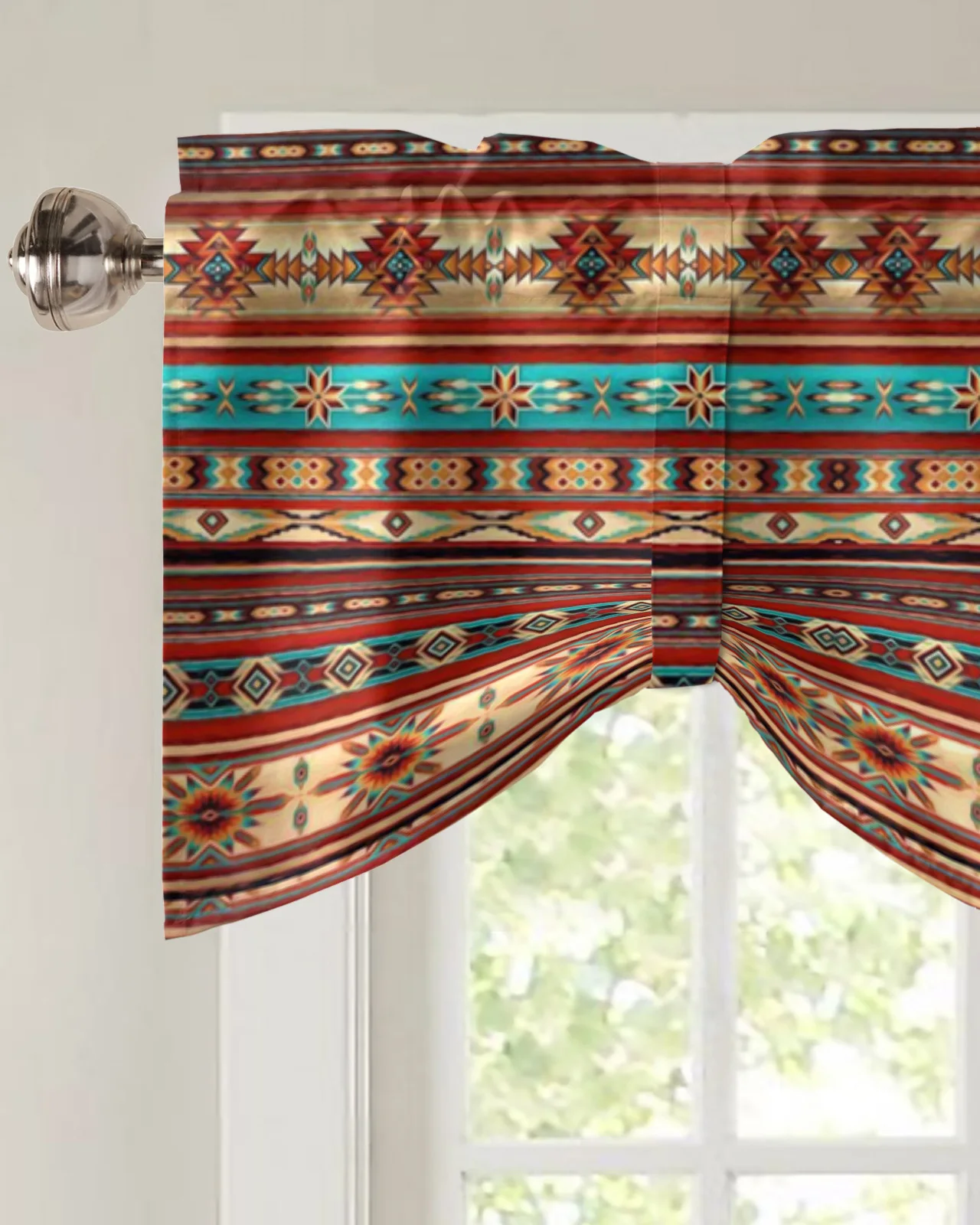 Bohemian Art Geometric Graphics Window Valance Curtain Kitchen Cafe Short Curtains Living Room Tie-Up Valance Curtain