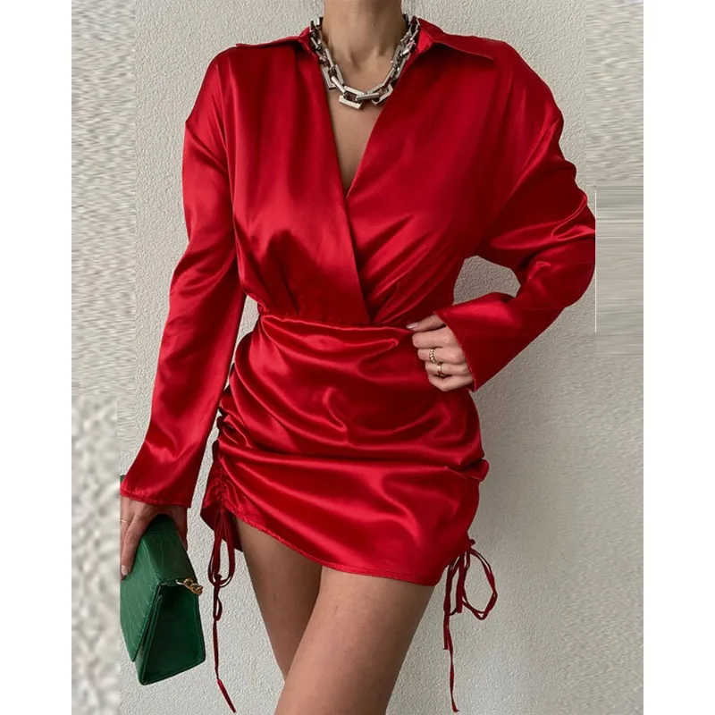 Sexy Frauen Falten Party Hochzeit Hemd Kleid Elegante Chic Langarm Raffen Abschlussfeier Cocktail Bodycon Minikleid Abendkleid