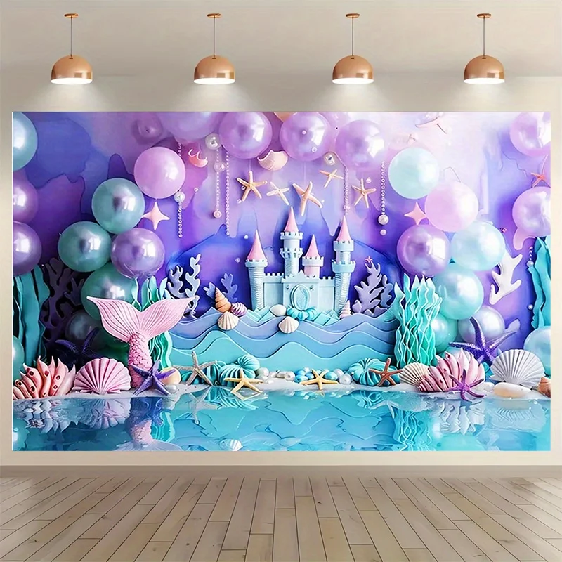 Skurriler Einhorn-Regenbogen-Schloss und Meerjungfrauen-Muschel-Geburtstagsparty-Hintergrund – Meerjungfrau-Party-Dekoration