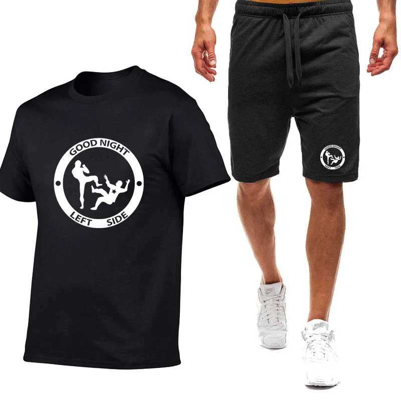 Good Night Left Side Logo Print 2025 Men's Summer Round Neck Solid Color Breathable Sport Activities T-shirt Pants Suits