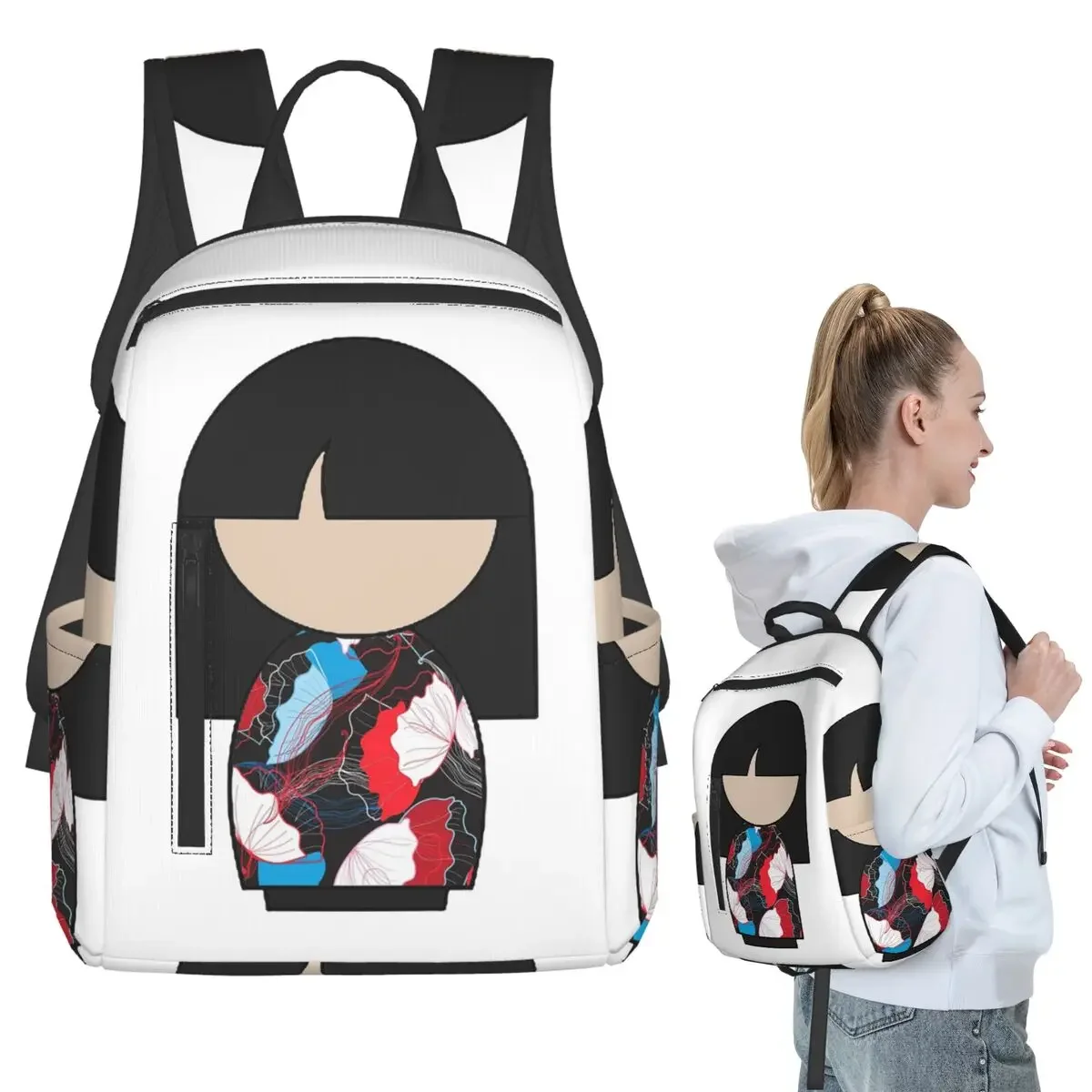 

Japanese Kokeshi Doll Backpack Student BookBag Kids School Bag Laptop Shoulder Bags Men Women