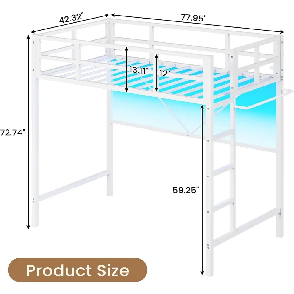 Hoogslaper voor twee personen met LED-verlichting, hoogslaper LED Twin-size met reling en kledingrek over de volledige lengte, zwaar uitgevoerd hoogslaper met eenpersoonsframe