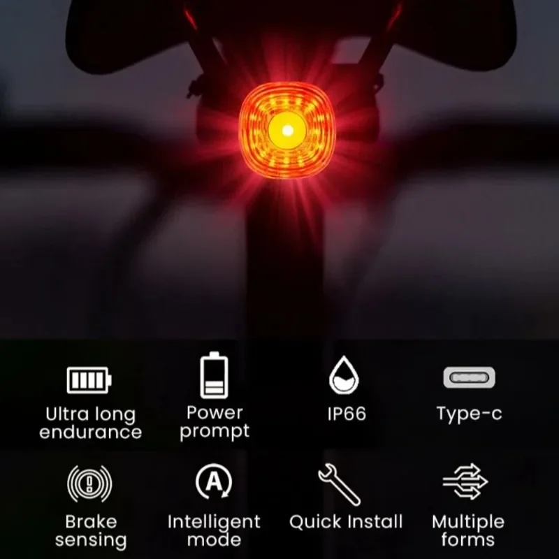Smart Brake Fietsachterlicht Auto aan/uit stopsignaal Type-C Charge IP66 Waterdicht LED-achterlicht 6-modus voor wegnachtfietsen