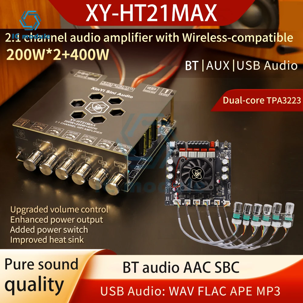 

XY-HT21MAX 2.1 Channel Bluetooth Amplifier Board DC 12-42V TPA3223 Chip 200W*2+400W Bass/Treble Control Hi-Fi Audio Module