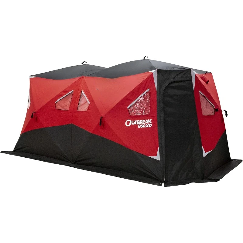 

Outbreak 850XD Pop-up Portable Insulated Ice Fishing Shelter, 114 sq ft. Fishable Area, 7-9 Person, Red/Black, 94" x 180"